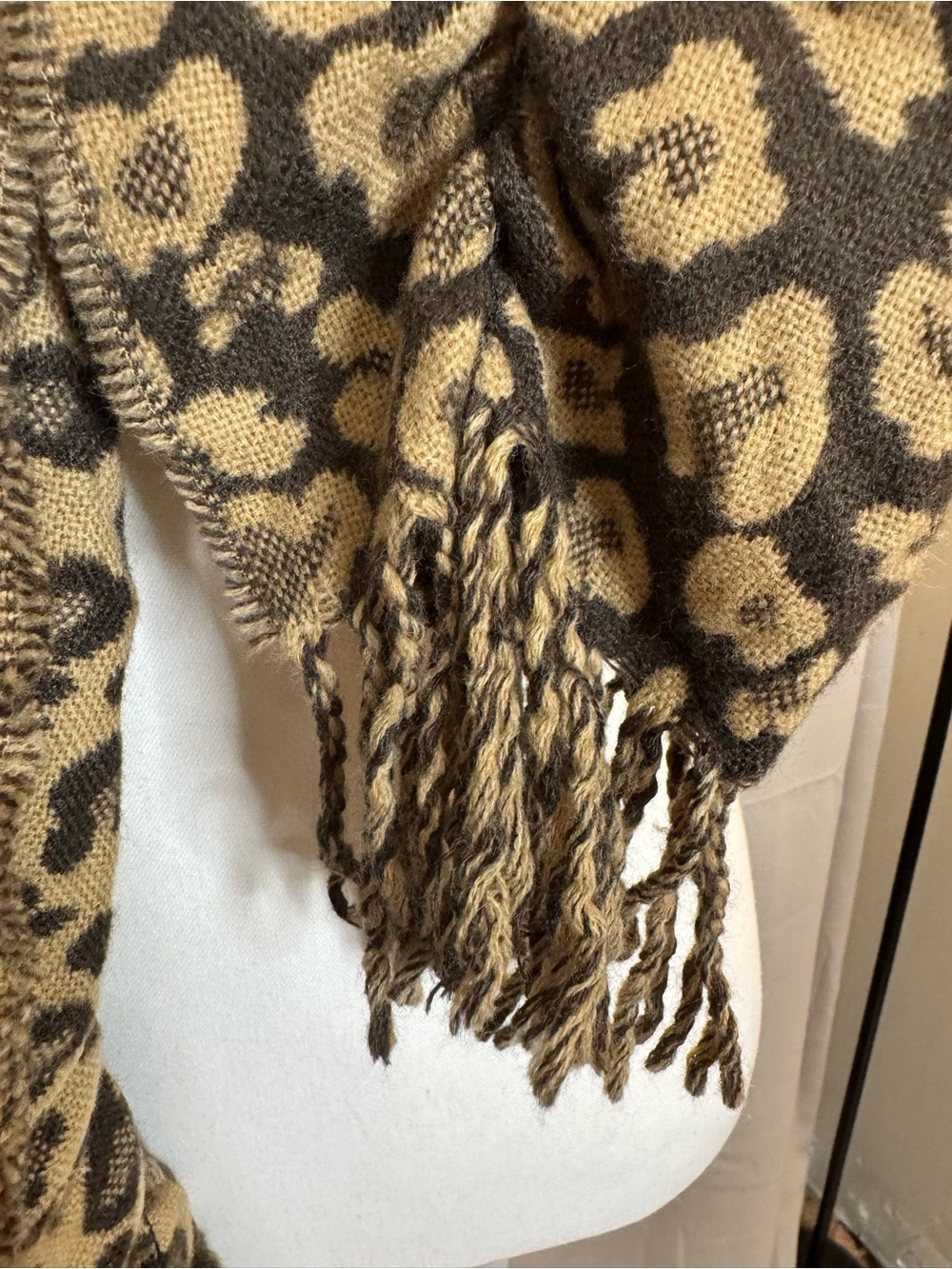 Leopard Print Fringe Knit Scarf in Black and Tan - Picture 3 of 12